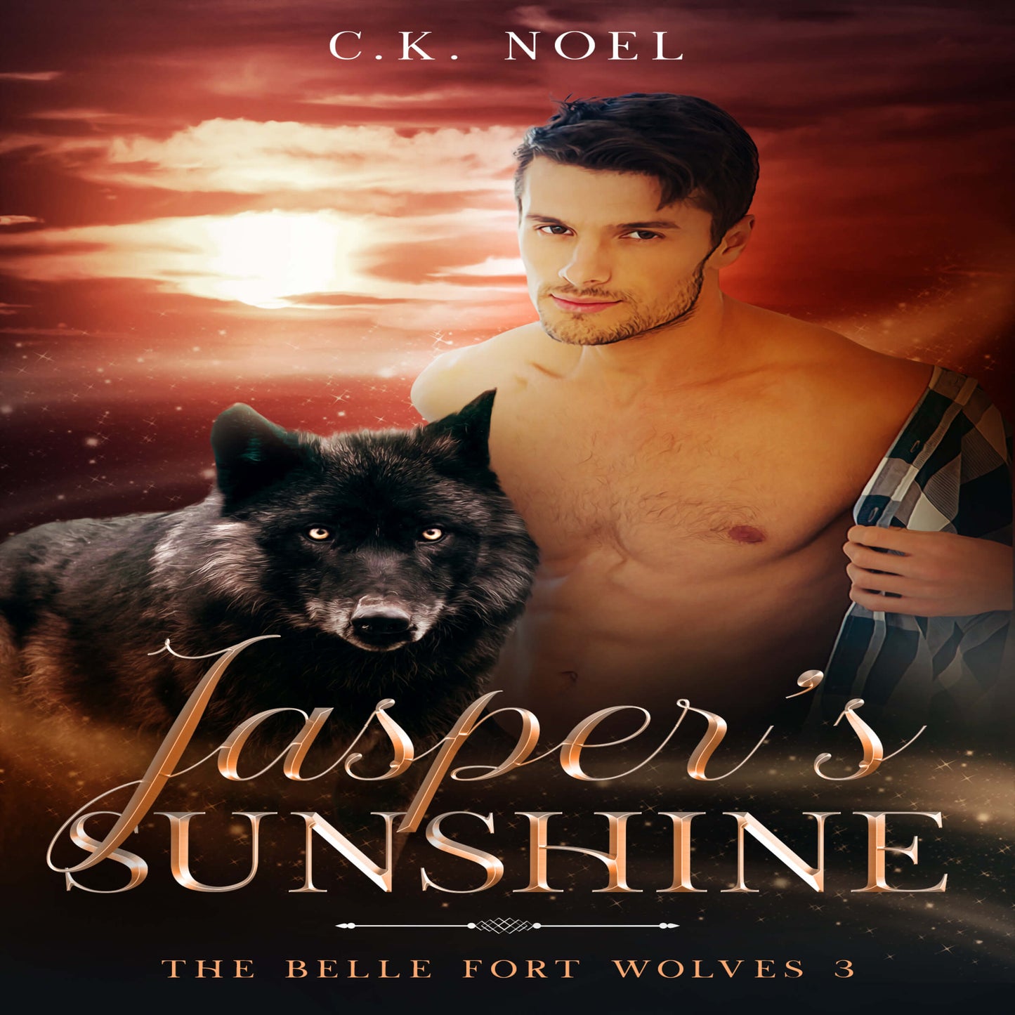 Cover of the audiobook 'Jasper's Sunshine' featuring a man with a wolf dog and a sunset in the background.