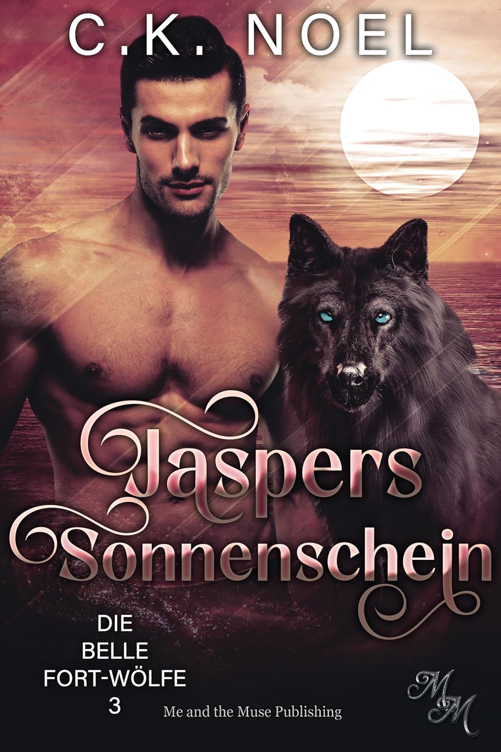 Book cover featuring a man and a wolf with a sunset background