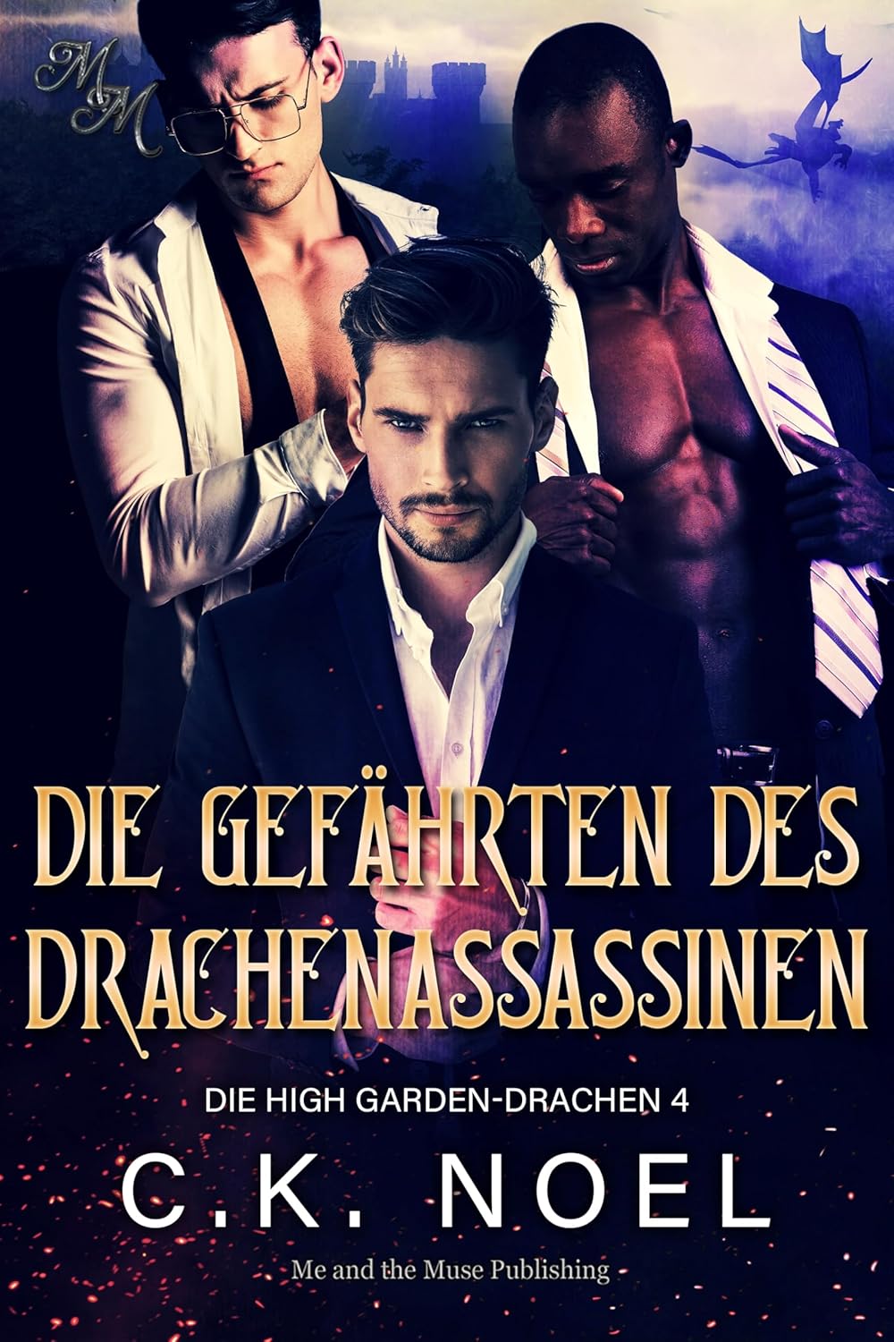 Book cover of 'Die Geföhrten des Drachenassassinen' with three men in formal attire against a dark background.