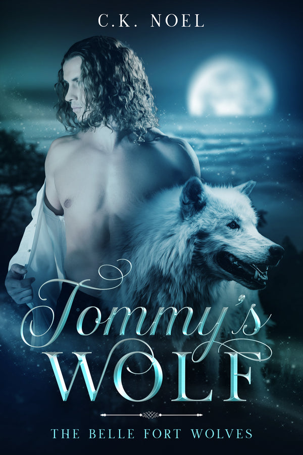 Book cover of 'Tommy's Wolf' featuring a man and wolf with a moonlit background.