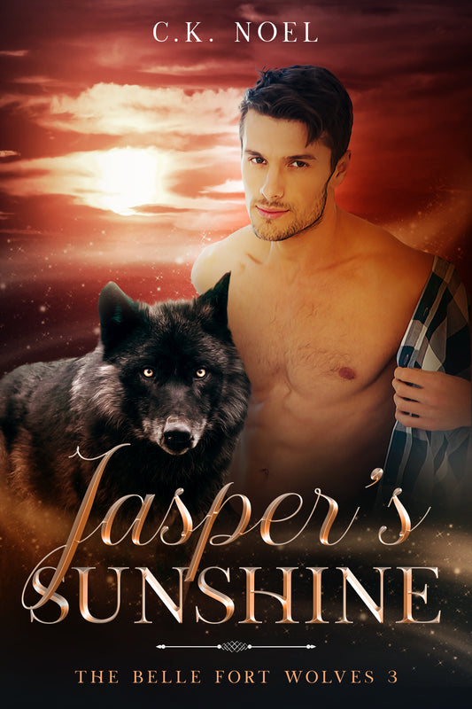 Book cover of 'Jasper's Sunshine' featuring a man and a wolf against a sunset sky.