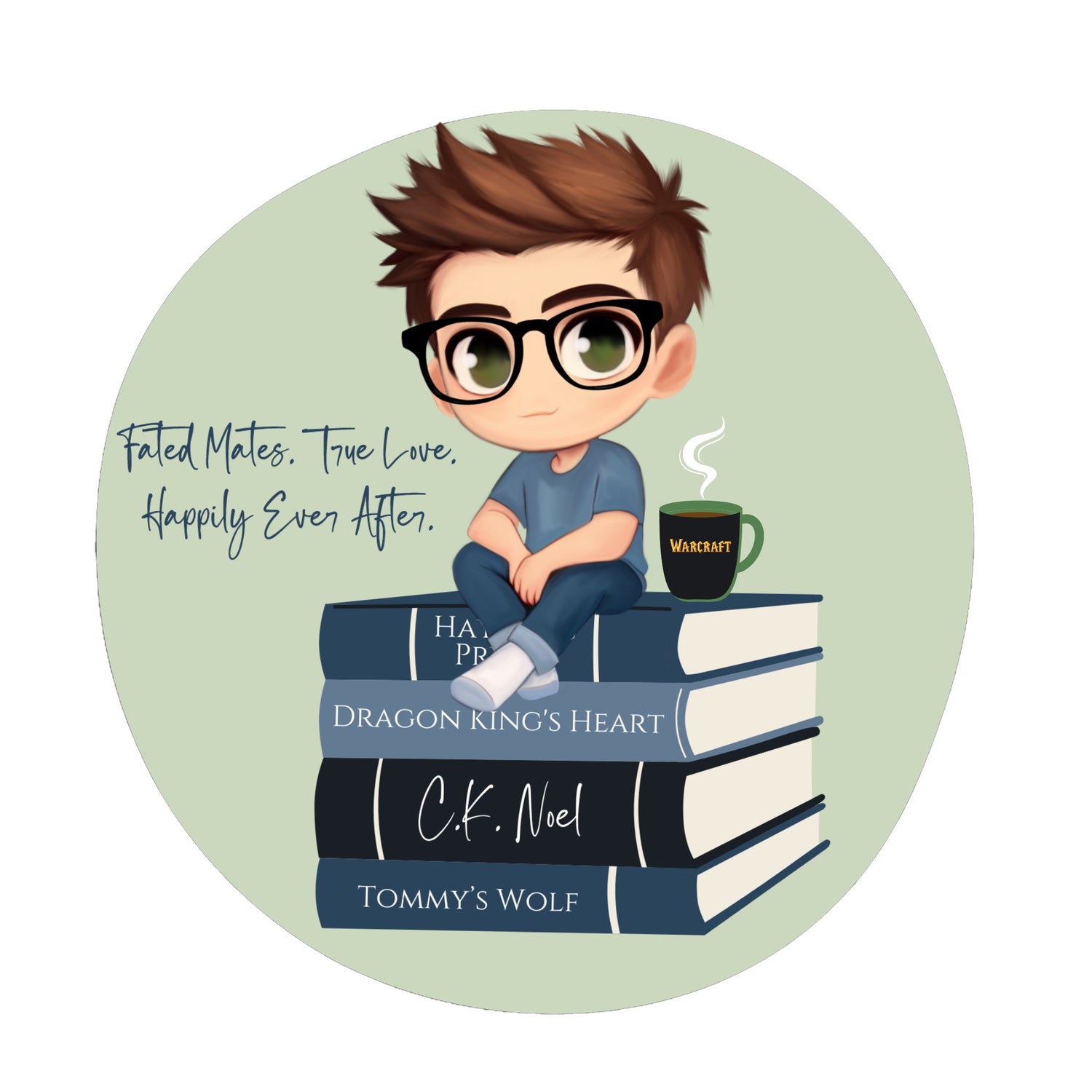Cartoon character with glasses sitting on books with book titles, surrounded by a light green circle.
