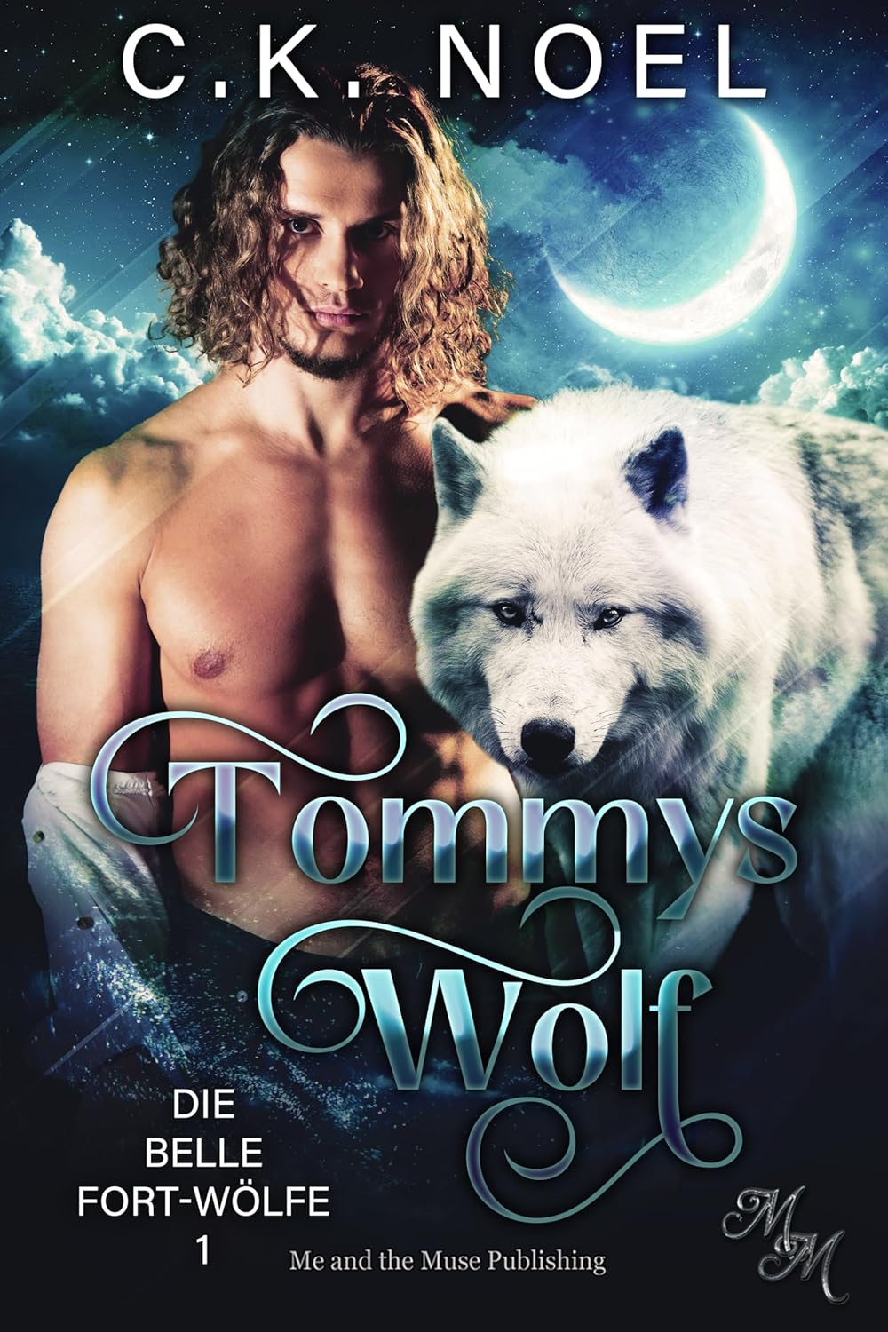 Book cover featuring a man with a white wolf against a night sky with a moon.
