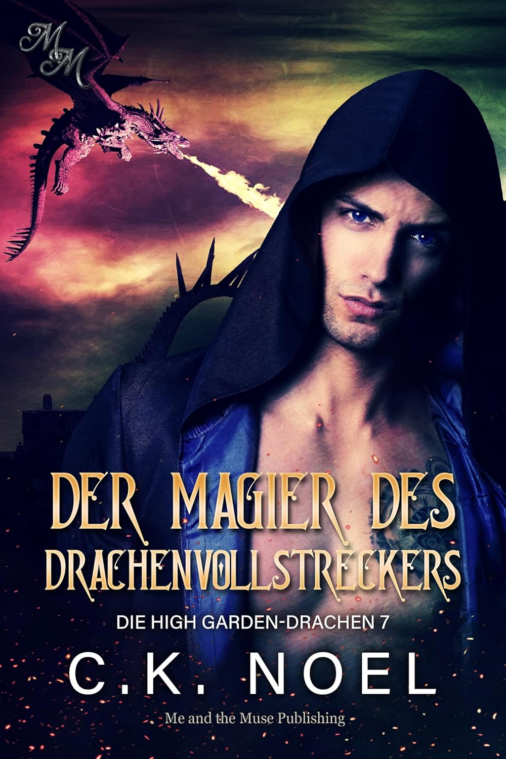 Book cover of 'Der Magier des Drachenvollstreckers' with a hooded figure and dragon.