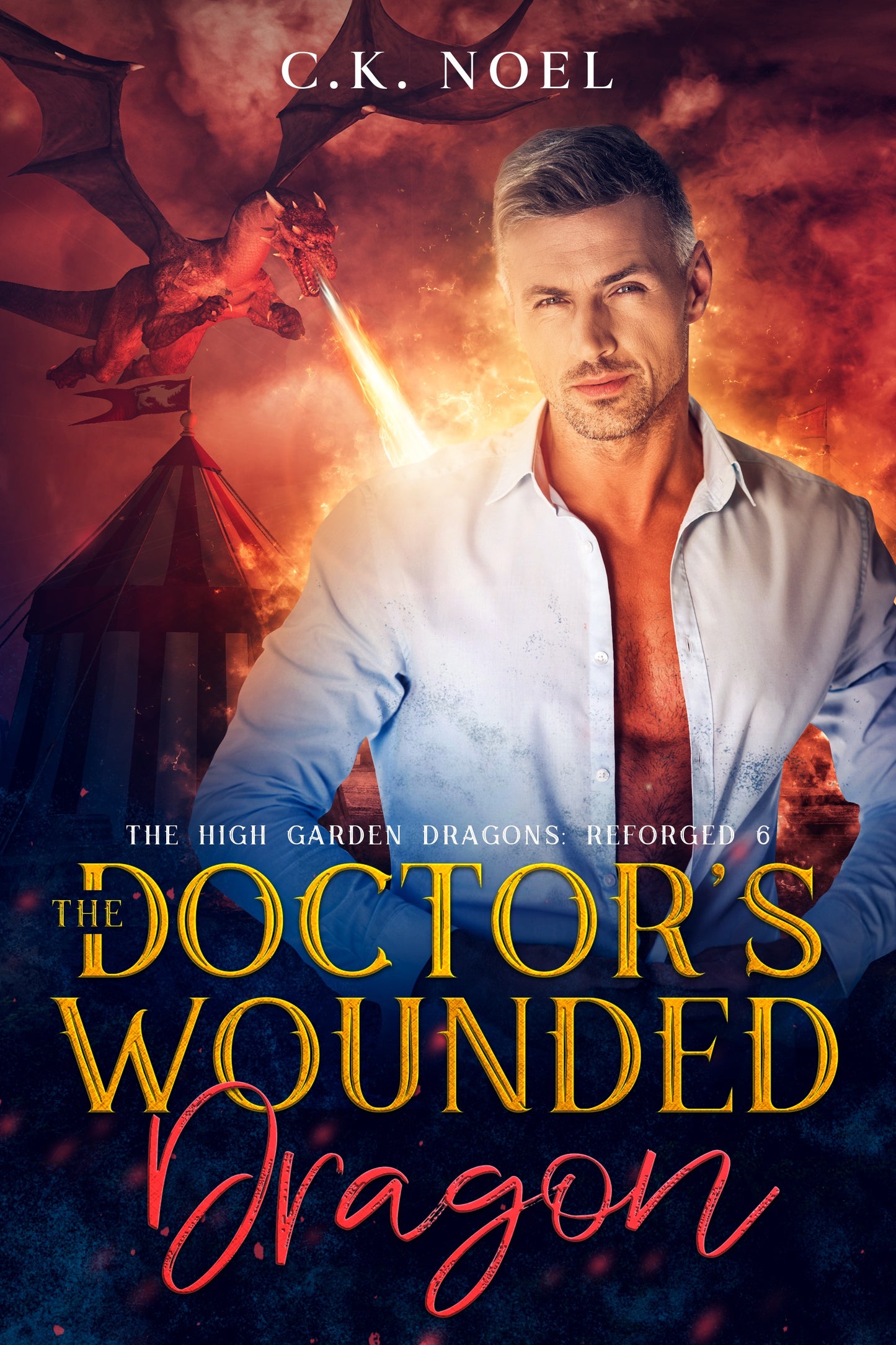 Book cover of 'The Doctor's Wounded Dragon' featuring a man and dragon with fiery background.