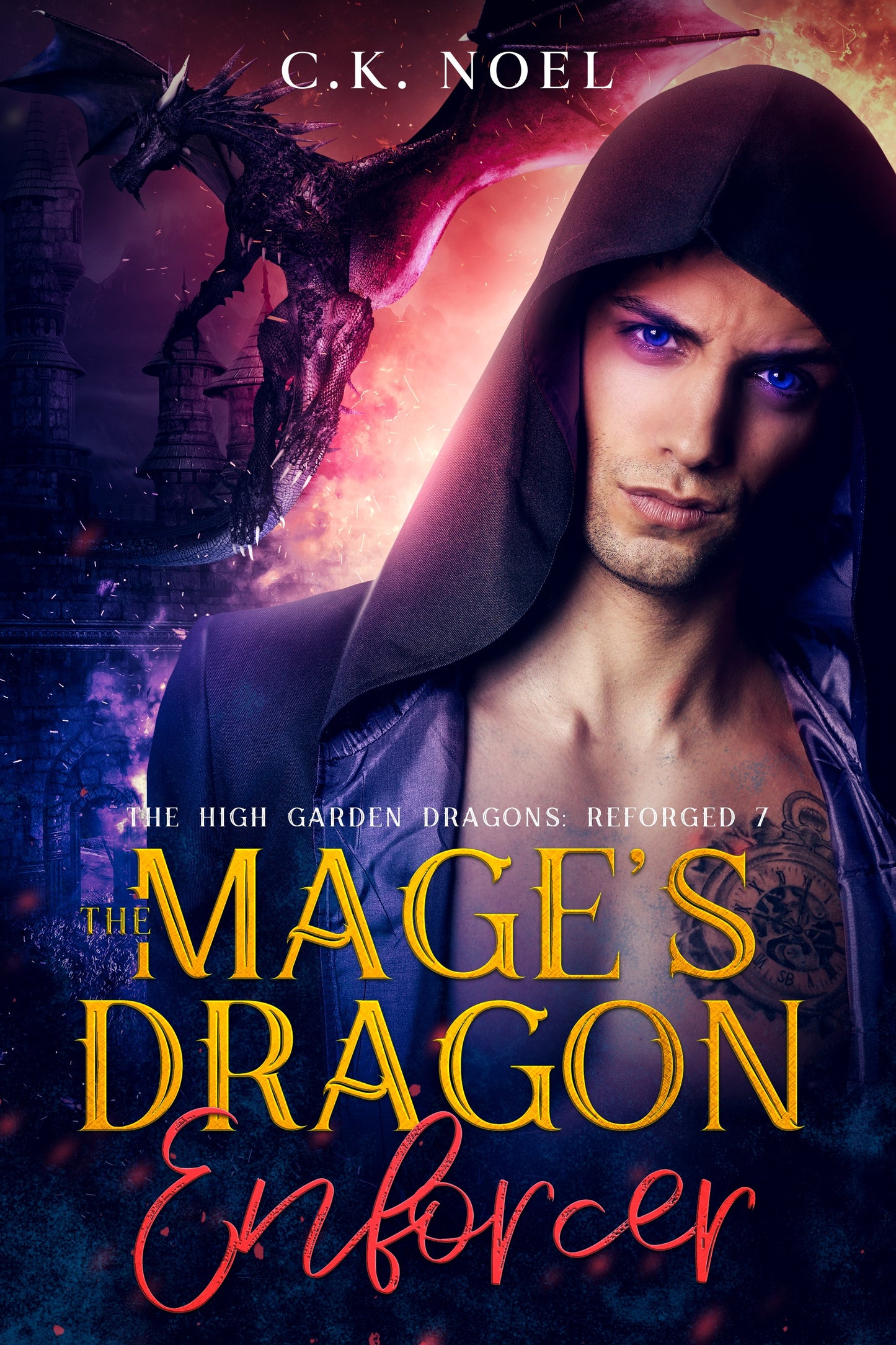 Book cover of 'The Mage's Dragon Enforcer' by C.K. Noel featuring a hooded figure and dragon.