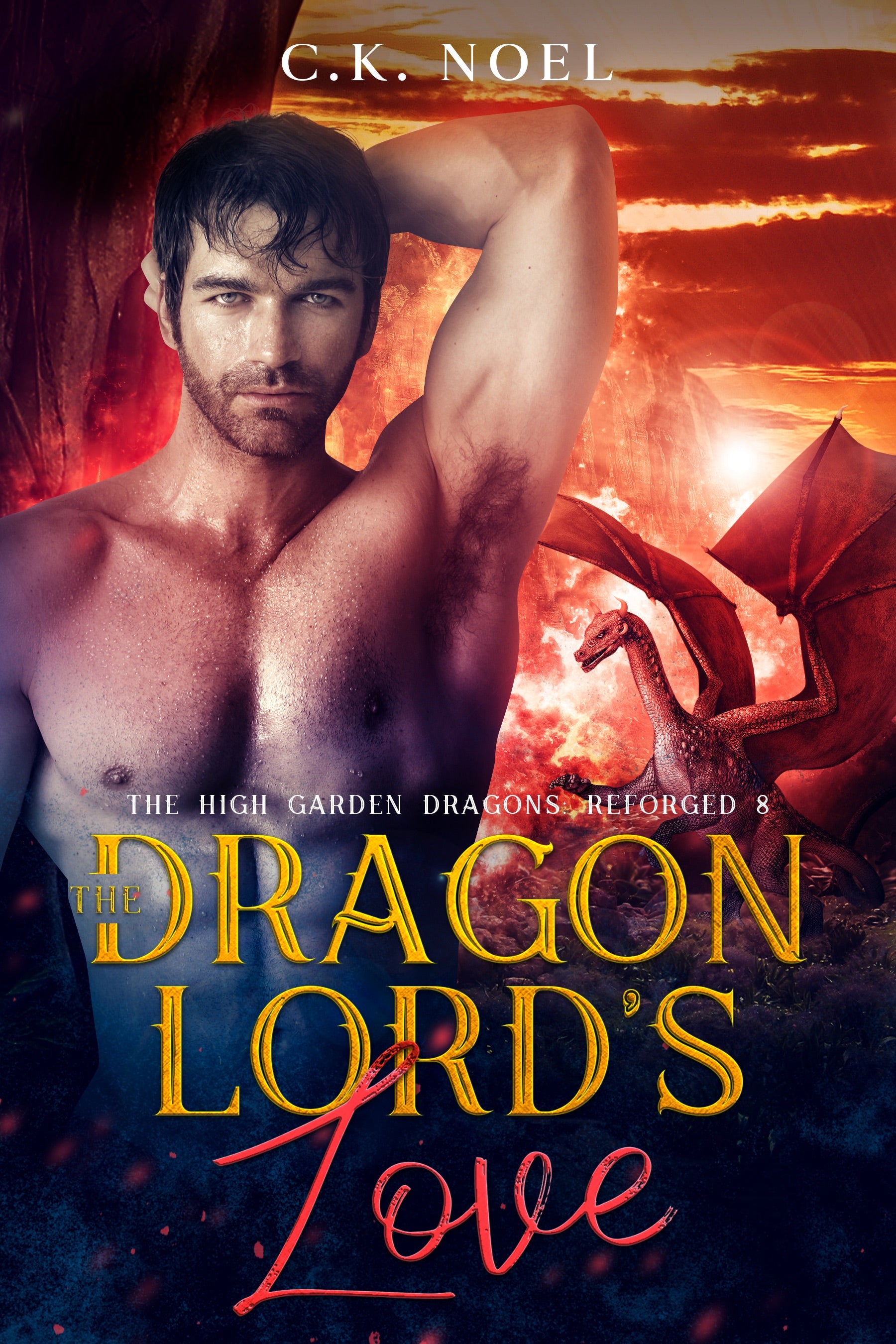Book cover of 'The Dragon Lord's Love' featuring a muscular man and dragon.