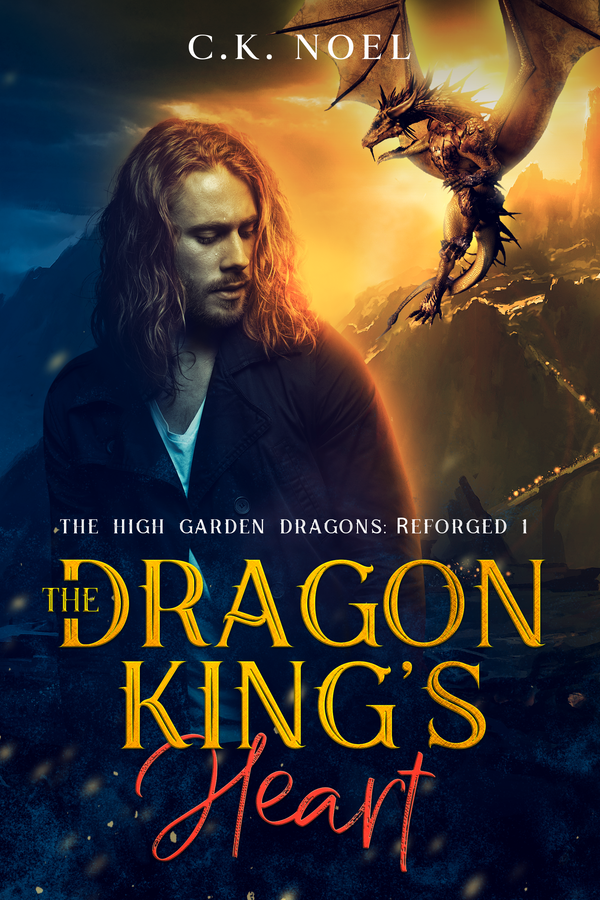 Book cover of 'The Dragon King's Heart' featuring a man and dragon against a mountainous background.