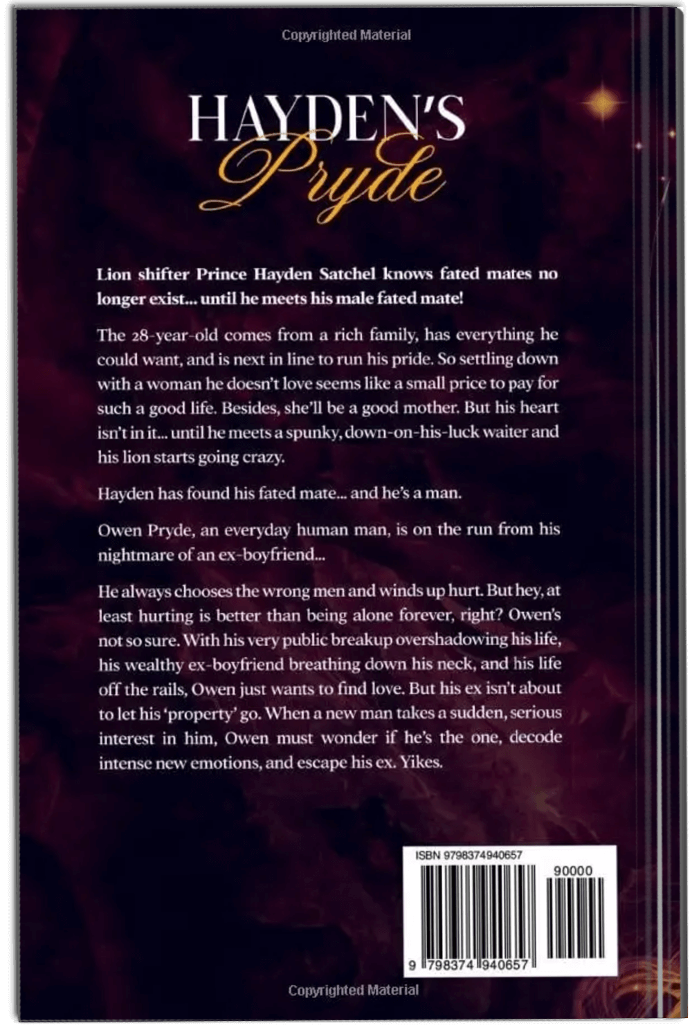 Back of book Hayden's Pryde