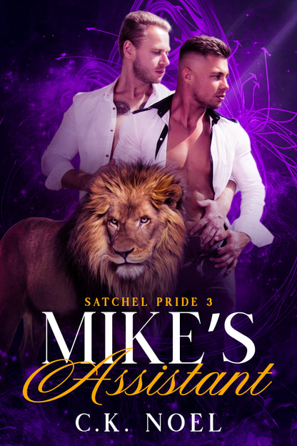 Book cover of 'Mike's Assistant' featuring two men and a lion on a purple background.