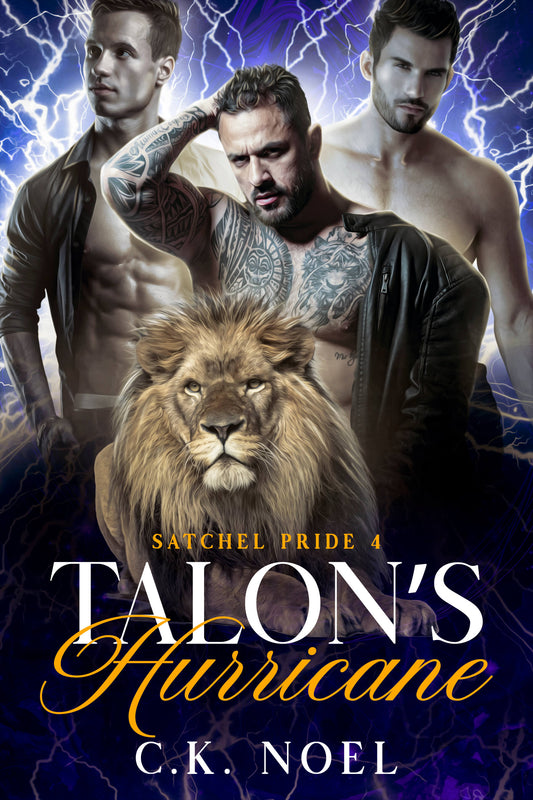 Book cover of 'Talon's Hurricane' featuring three shirtless men and a lion with a blue and purple background.