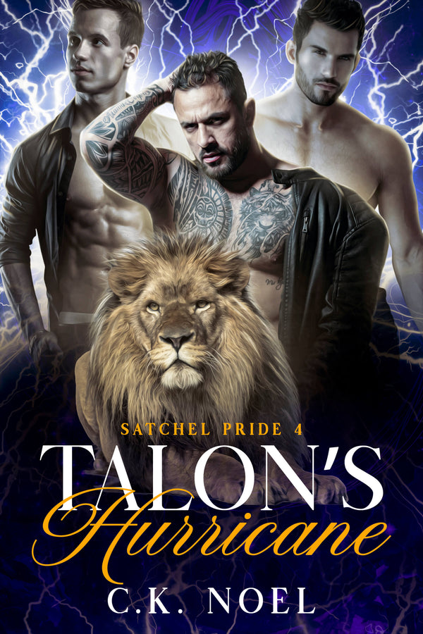 Book cover of 'Talon's Hurricane' featuring three shirtless men and a lion with a blue and purple background.