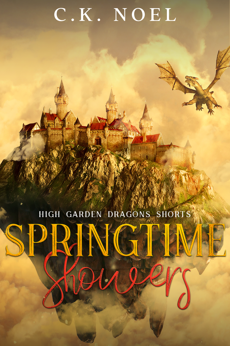 Book cover of 'Springtime Showers' by C.K. Noel featuring a castle and dragon on a mountain.