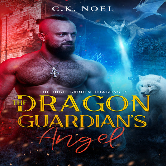 Cover of the audiobook 'The Dragon Guardian's Angel' featuring a man with a beard and a fantasy-themed background with a dragon and what appears to be a magical aura.