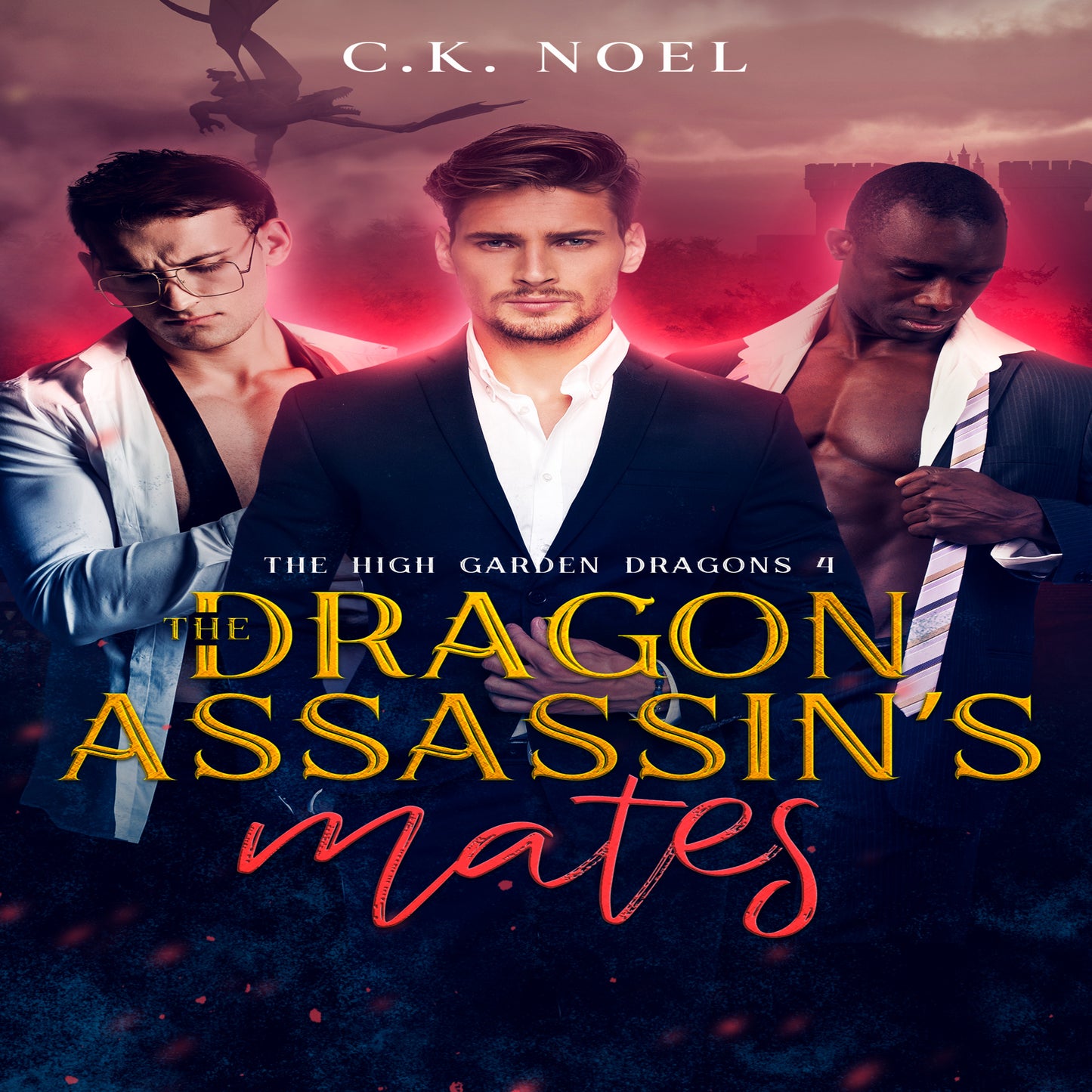 Cover of the audiobook 'The Dragon Assassin's Mates' featuring three male characters in suits, with a vampire theme indicated by the presence of a bat in the background.