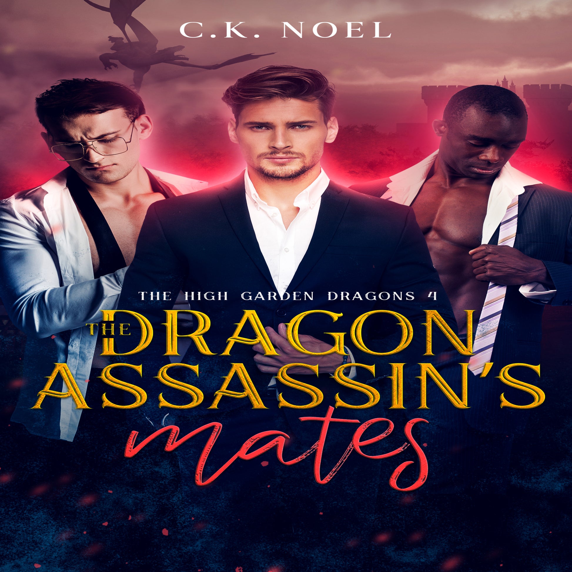 Cover of the audiobook 'The Dragon Assassin's Mates' featuring three male characters in suits, with a vampire theme indicated by the presence of a bat in the background.