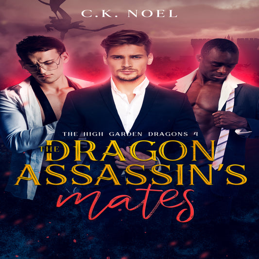 Cover of the audiobook 'The Dragon Assassin's Mates' featuring three male characters in suits, with a vampire theme indicated by the presence of a bat in the background.