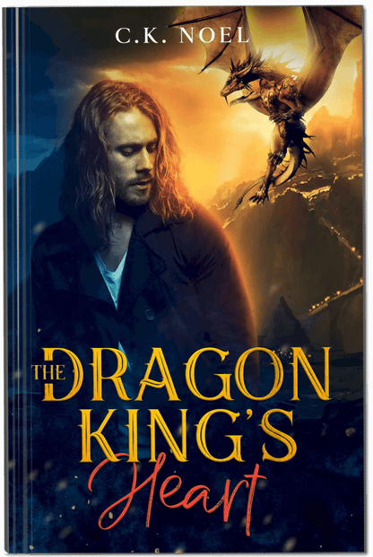 The cover of the book 'The Dragon King's Heart' features a man with a sword and a dragon in the background, suggesting an adventure or fantasy theme.