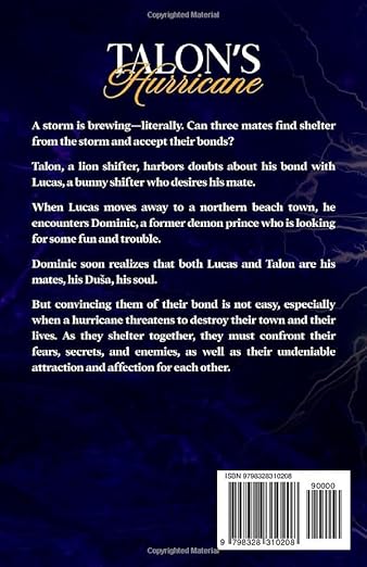 Book back cover with text about 'Talon's Hurricane' featuring characters Talon, Lucas, and Dominic.