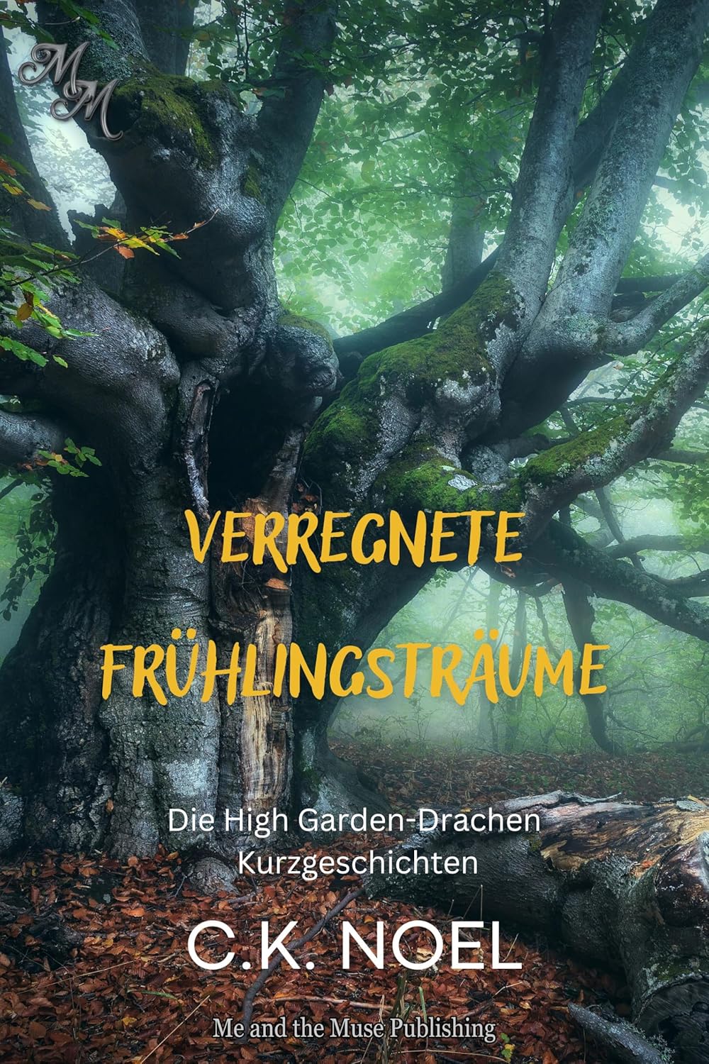 Book cover with a large tree in a forest and text overlay